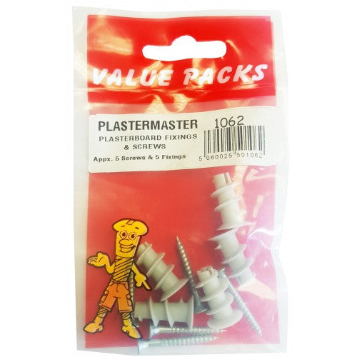 Fastpak Nylon Screw-In Plasterboard Fixings with Screws - Pack of 5 Fastpak Nylon Screw-In Plasterboard Fixings with Screws - Pack of 5